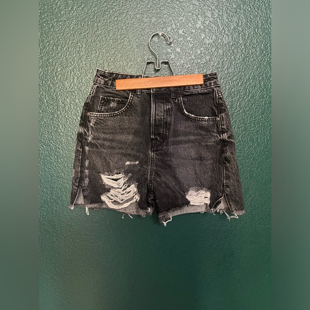 Size 4, black distressed high rise denim shorts from Zara